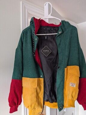 ZAFUL Colorblock Corduroy Bomber Jacket in Green, Red & Yellow